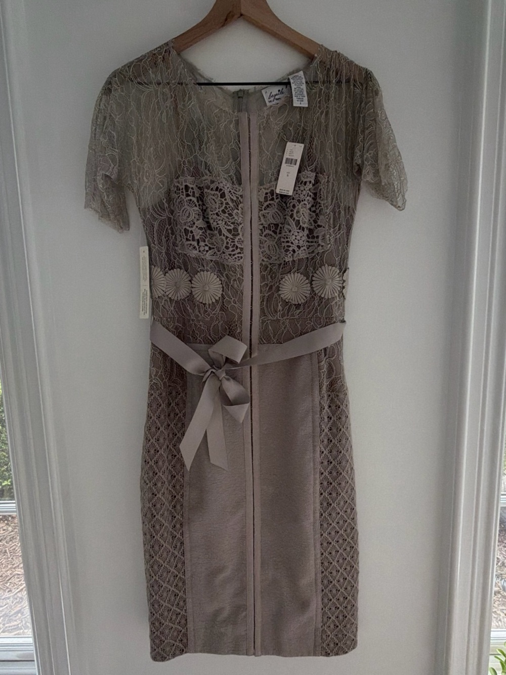 Lace Overlay Belted Sheath Dress - Taupe